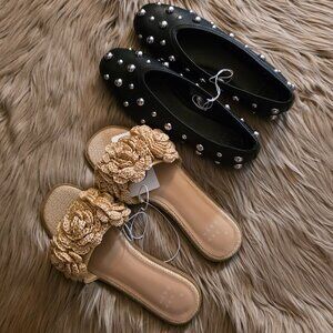 Coco Raffia Flower Slide & Sammie Studded Ballet Flats (Bundle for $25)
